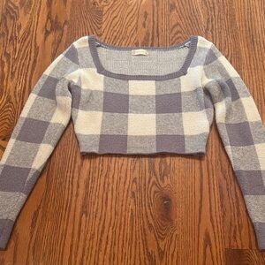 Altar'd State Gray and Cream Plaid Crew Neck Sweater
